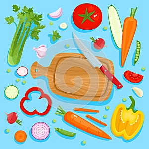 Bright vector illustration of colorful cutting board, knife and vegetables.