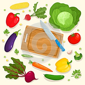 Bright vector illustration of colorful cutting board, knife and vegetables.