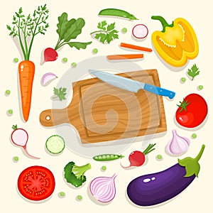 Bright vector illustration of colorful cutting board, knife and vegetables.