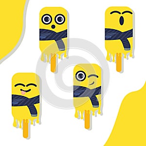 Bright vector illustration of colorful melting tease wonder wink sing ice cream. Characters minimalistic style icons