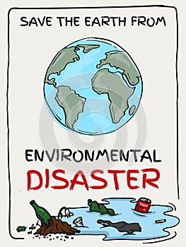 Bright vector illustration of the ecological catastrophe of the Earth. Elements and Symbols of Environmental Pollution