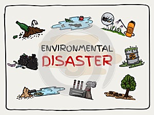 Bright vector illustration of the ecological catastrophe of the Earth. Elements and Symbols of Environmental Pollution