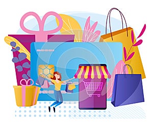 Bright vector illustration of gifts when shopping. Online shopping.