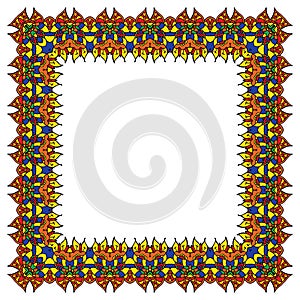 Bright vector ornamental frame. Isolated square element.
