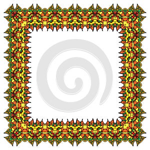 Bright vector ornamental frame. Isolated square element.
