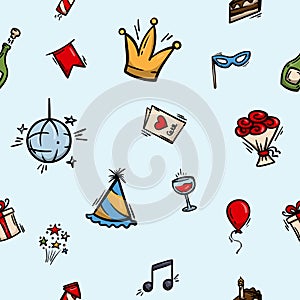 Bright vector seamless pattern with attributes of a holiday, birthday, party, carnival. Editable repeating background