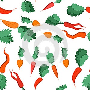 Bright vector seamless pattern of colorful carrots with tops.