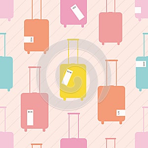 Bright vector seamless pattern with luggage, suitcase, tags, barcode with destination. Summer illustration about travel