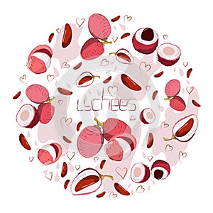 Bright vector set of colorful half, slice and whole of juicy lychees