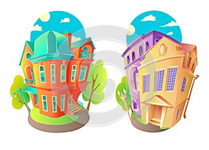 Bright vector volume icons of old houses in Victorian style and Baroque