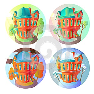 Bright vector volume icons of old houses in Victorian style. in cartoon child. Seasons. Summer, spring, winter