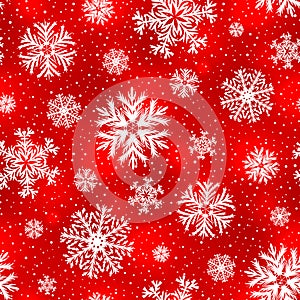 Bright vector winter seamless pattern with snowflakes on red background.