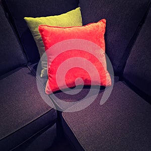 Bright velvet cushions on a dark sofa