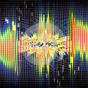 Bright vertical lines of spectral rainbow color on dark background. Neural network. Perturbation of space