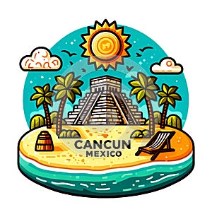 This bright and vibrant illustration of Cancun, Mexico captures its Mexican vibe with iconic elements like beaches, palm trees, photo