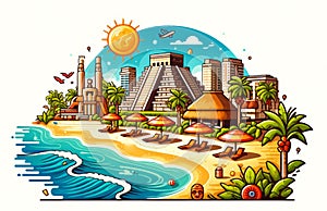 This bright and vibrant illustration of Cancun Mexico captures its Mexican vibe with iconic elements like beaches, palm trees, photo