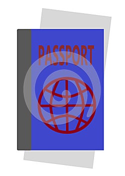 A bright vibrant indigo dark blue passport book with a light grey paper slip within white backdrop