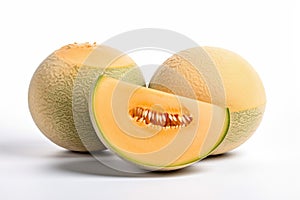A bright and vibrant stock photo of fresh Cantaloupes on a pristine white background