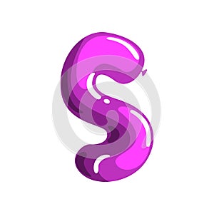 Bright violet letter S in shape of glossy balloon. Cartoon English alphabet font. ABC concept. Isolated flat vector