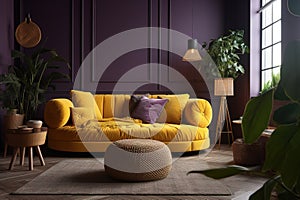 A bright violet living room with a yellow sofa, lamp, and plants, professional photography