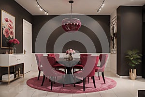 Bright viva magenta 2023 colour dining room. Black round table and colorful carmine red crimson chairs. Empty wall blank for art,