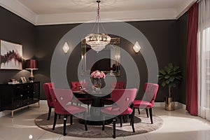 Bright viva magenta 2023 colour dining room. Black round table and colorful carmine red crimson chairs. Empty wall blank for art,