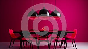 Bright viva magenta 2023 colour dining room. Black round table and colorful carmine red crimson chairs. Empty wall blank for art,