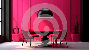 Bright viva magenta 2023 colour dining room. Black round table and colorful carmine red crimson chairs. Empty wall blank for art,