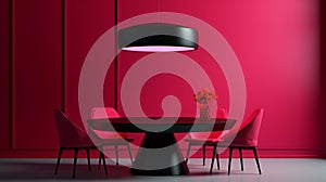 Bright viva magenta 2023 colour dining room. Black round table and colorful carmine red crimson chairs. Empty wall blank for art,