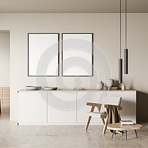 Bright waiting room interior with two empty white poster, armchair