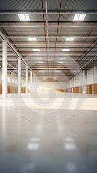 Bright warehouse with high ceilings and neatly stacked products. Concept of supply chain excellence, warehouse