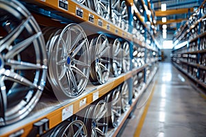 A bright warehouse with shelves full of car rims