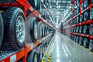 A bright warehouse with shelves full of car wheels