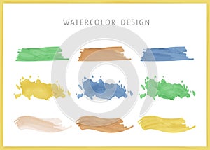 Bright watercolor brush strokes and stains. Colorful design elements for social media, notes, titles, presentation.