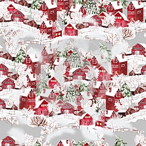 Bright watercolor christmas seamless pattern with funny winter village.