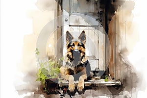 bright watercolor illustration, German Shepherd in front of an atmospheric door to a house, sobbing pots of flowers