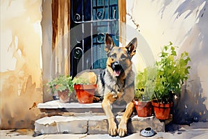 bright watercolor illustration, German Shepherd in front of an atmospheric door to a house, sobbing pots of flowers