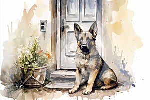 bright watercolor illustration, puppy German Shepherd in front of an atmospheric door to a house, sobbing pots of flowers