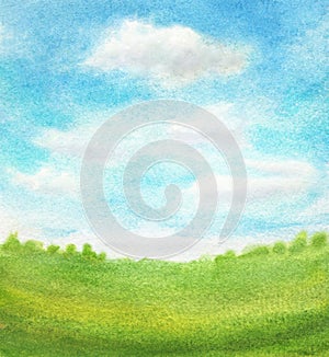 bright watercolor landscape abstract clouds on blue sky and green grass. hand painted background