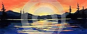 Bright watercolor landscape of colorful sunset at mountain lake. Glowing orange sky, sunlight on water surface, pines silhouettes