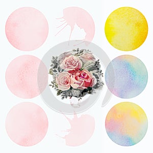 Bright watercolor painting of roses pink brush ink, splash stroke stain circle