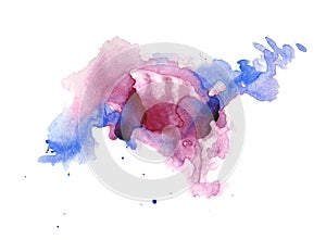 Bright watercolor pink and blue stain drips. Abstract illustration on a white background