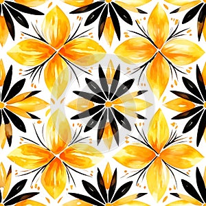 Bright watercolor seamless floral pattern with yellow, orange and black accents on white background