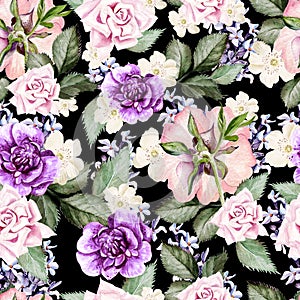 Bright watercolor seamless pattern with flowers roses, lavender and anemone