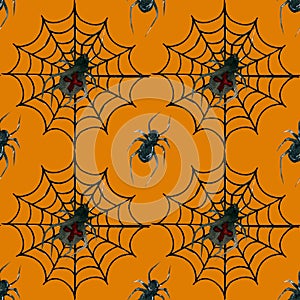 Bright watercolor seamless pattern for Halloween, spider webs on an orange background.