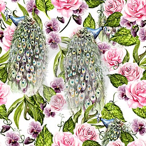 Bright watercolor seamless pattern with violet and roses flowers, peacock bird.