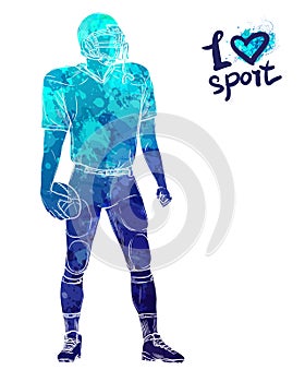 Bright watercolor silhouette of American football player. Vector sport illustration. Graphic figure of the athlete