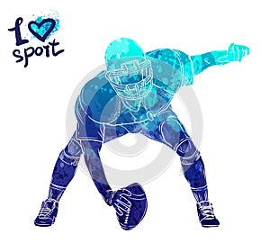 Bright watercolor silhouette of American football player. Vector sport illustration. Graphic figure of the athlete