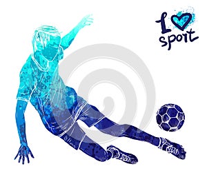 Bright watercolor silhouette of soccer player with ball. Vector sport illustration. Graphic figure of the athlete