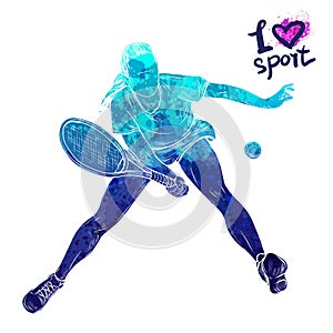 Bright watercolor silhouette of tennis player. Vector sport illustration. Graphic figure of the athlete. Active people